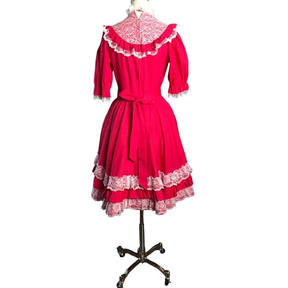 Vintage Square Dance Dress Red Lace Yoke Hand Sewn Circle Skirt Rockabilly - Picture 4 of 13